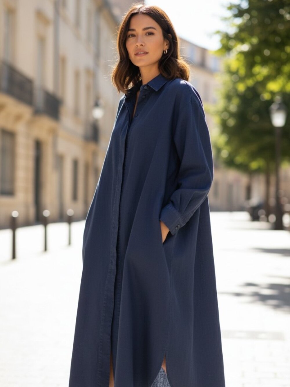 Greek Archaic Kori Linen Shirt Dress M Navy Blue Long Sleeve Made In Greece
